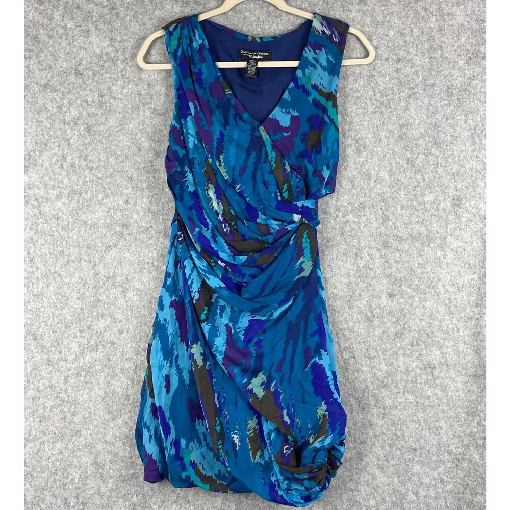 Diane Von Furstenberg Silk Dress Womens 2 Blue Faux Wrap Drapey Neiman DVF Y2K